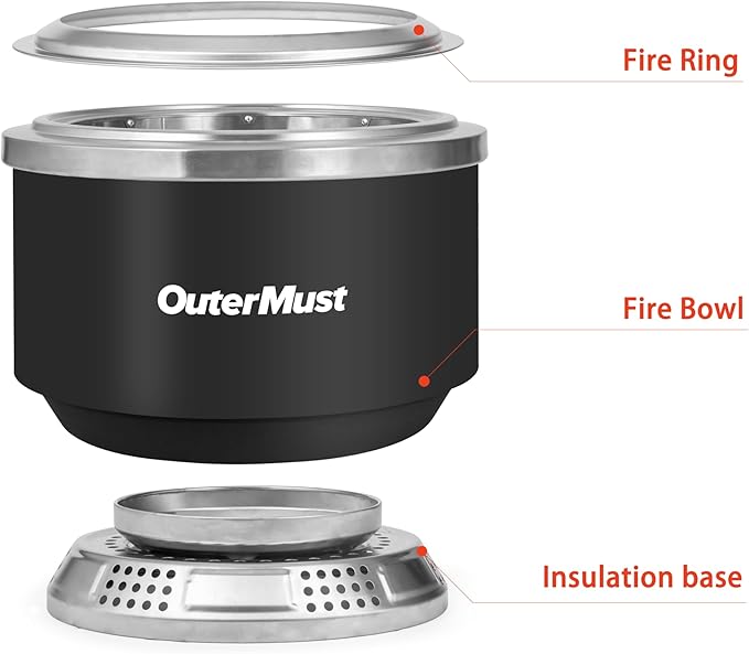 OuterMust 24 Inch Smokeless Fire Pit for Outside with Deck Safe Stand Wood Burning Outdoor Fireplace with Ash Pan for 5-7 Persons Stainless Steel Portable Bonfire for Patio Deck Backyard &amp Campi