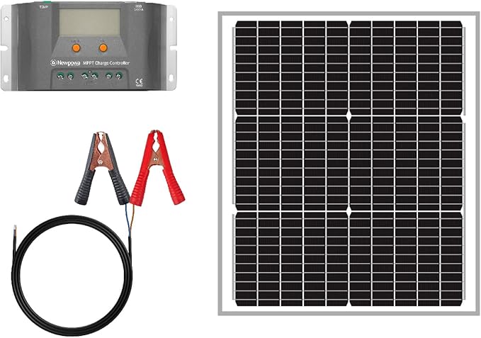 Newpowa 50W Watts 12V 10BB Mono Solar Panel Off Grid Solar Charge Kit 50 Watt 12 Volt Solar Panel+10A MPPT Charge Controller+8ft Cord for Connecting Controller to Battery Alligator Clamp