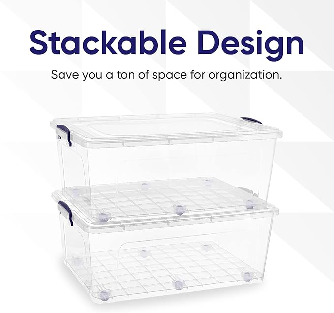 Superio Storage Bins with Lids Clear Plastic Containers for Organizing Stackable Totes BPA Free Odor Free Organizer Boxes for Home and Dorm (2 Pack 60 Quart)