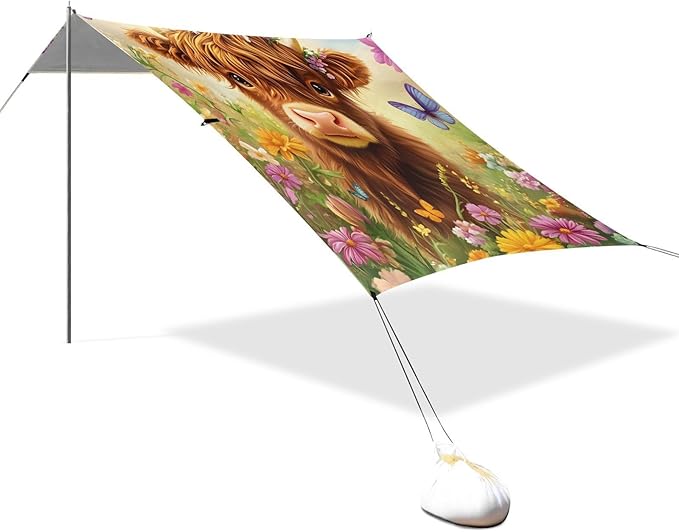 ALAZA A Cute Highland Cow Flowers Beach Tent Sun Shelter Portable Canopy Sunshade for Outdoor Camping Picnics Backyard Fun 10x9 ft