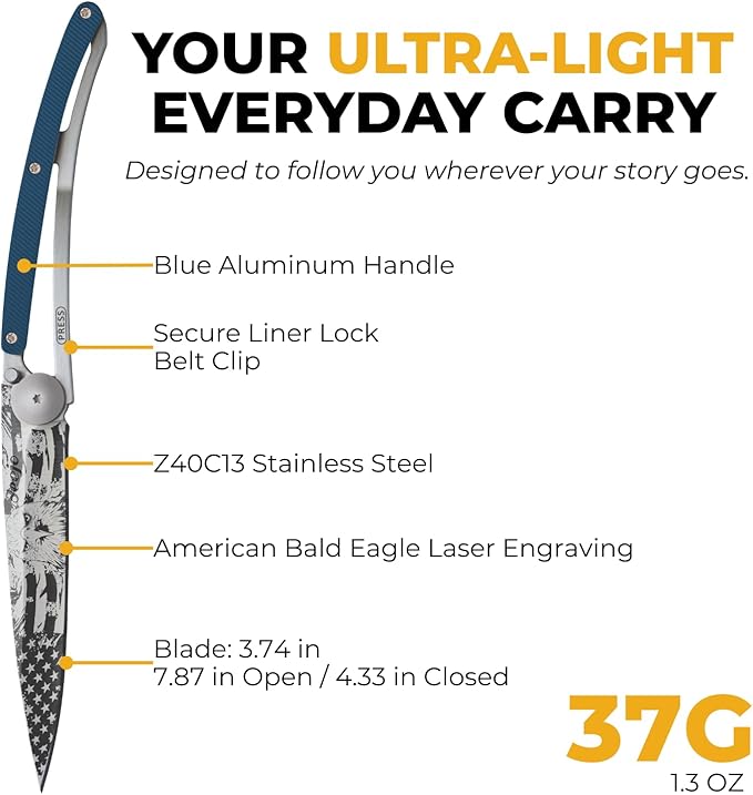 deejo - 37G Folding Pocket Knife with Belt Clip - American Bald Eagle Design 3.7-Inch Stainless Steel Blade Blue Aluminum Handle - Lightweight Everyday Carry for Home Work and Outdoor Use