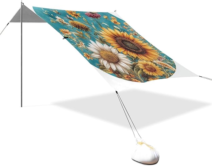 Autumn Flowers Sunflower Bellflower Butterflies Beach Tent UPF50+ Lightweight Portable Sun Shelter Includes Sand Shovel Sandbags Stability Poles for Family Trips Picnics &amp Camping