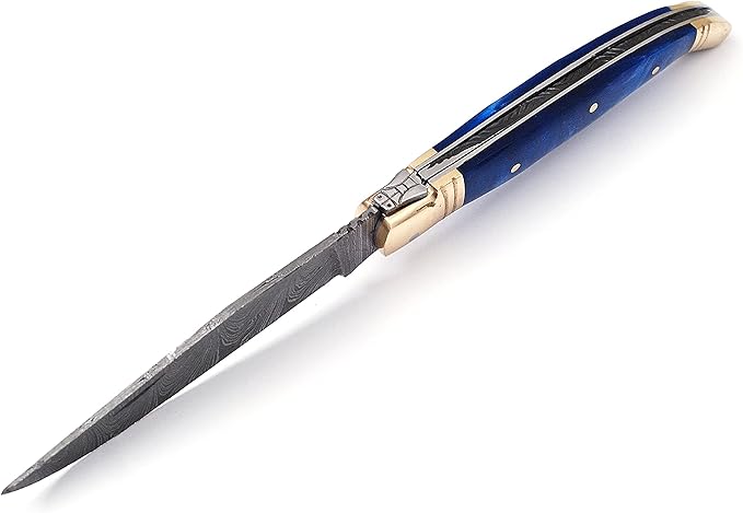 Damascus steel blade Laguiole Folding knife 8.5 Long with 4 hand forged twist pattern Blade. Blue color unshrinkable Raisen scale with brass bolster Cow hide leather sheath