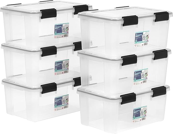 IRIS USA WeatherPro 19 Qt Storage Bins with Lids 6 Pack BPA-Free Plastic Gasket Box with Tight Latch and Seal Stackable Nestable Tote Tub - Clear/Black