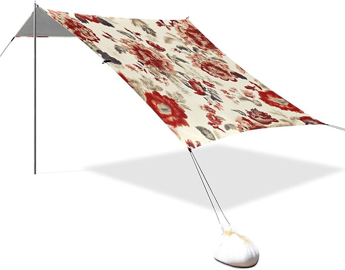 Vintage Floral Red Beach Tent Sun Shelter Set UPF50+ UV Protection 10.5 x 9.19 FT Camping Shade Canopy with Sandbags Sand Anchors Carrying Bag and Others