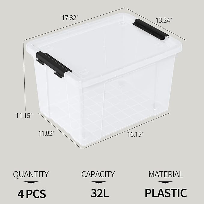 4-Pack 32 L Plastic Storage Box with Lid Stackable Latch Storage Bin with Wheels Clear