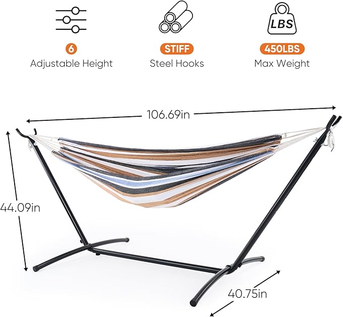 Sweetcrispy Double Hammock with Space Saving Steel Stand Heavy Duty 2 Person Standing Hammocks 450lb Capacity for Outside Garden Yard with Portable Carrying Bag