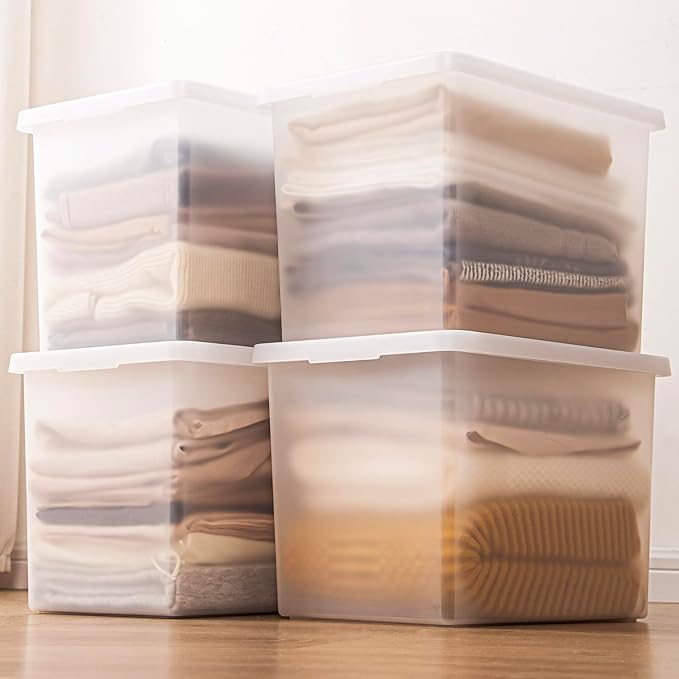 Stackable Plastic Storage Bins with LidsContainer to Organize Shoes and Crafts on Closet ShelvesGarage Totes Tubs Boxes Organizing 4 Pack (N-4XXL)