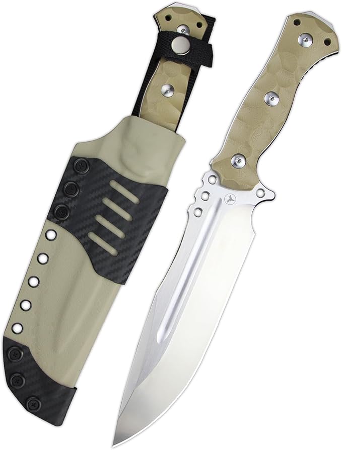 LENGREN【Chief 12.6 Inches THK Full Tang Drop Tactical Fixed Blade Knife Sleipner Steel G10 Handle Kydex Sheath for CampingHikingHuntingFishing (White)