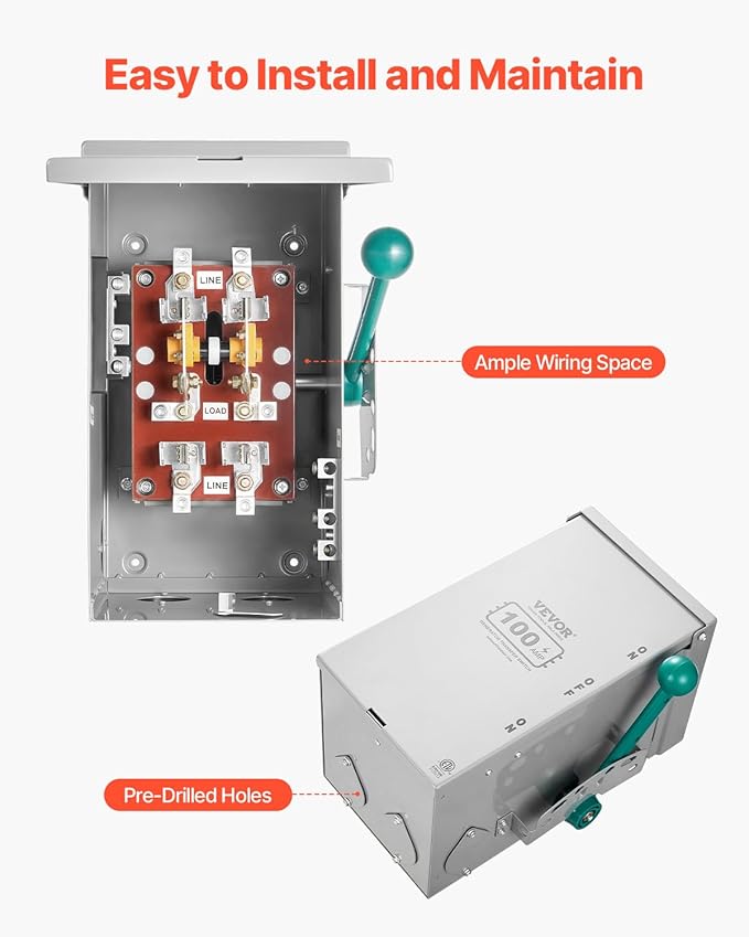 VEVOR 100A Manual Transfer Switch Generator Transfer Switch for Home 24000W Double-Throw Safety Switch NEMA 3R Outdoor/Indoor ETL Certified