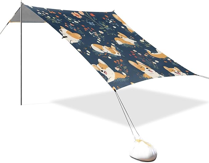 ALAZA Corgis Poses Flower Pattern Beach Tent Sun Shelter Portable Canopy Sunshade for Outdoor Camping Picnics Backyard Fun 10x9 ft