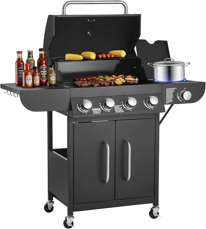 VEVOR Gas Grill 4 Burner Propane Gas Grill with Side Burner 425 SQ.In Grilling Area Carbon Steel Enamel Grates Outdoor 52000 BTU Patio Garden BBQ Grills with Two Side Shelves Carbon Steel