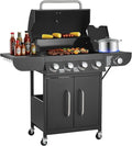 VEVOR Gas Grill 4 Burner Propane Gas Grill with Side Burner 425 SQ.In Grilling Area Carbon Steel Enamel Grates Outdoor 52000 BTU Patio Garden BBQ Grills with Two Side Shelves Carbon Steel