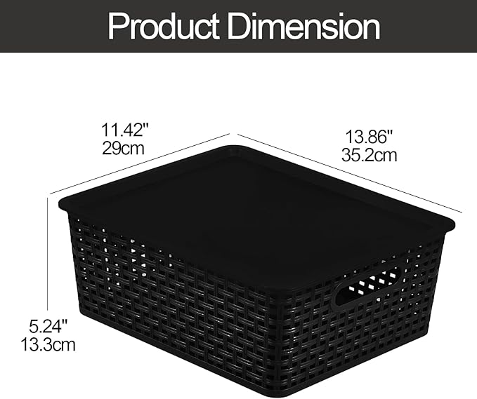 6 Pack Large Stackable Storage Baskets with Lids Plastic Lidded Storage Basket Bins for Shelves Closet Bathroom 13.86x 11.42x 5.24 Black