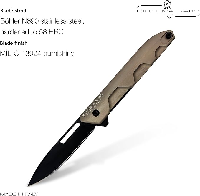 Extrema Ratio - Ferrum T (Mud) Folding Knife Böhler N690 Steel Blade 58 HRC Burnished Finish Smooth Aluminum Handle Ergonomic Design Durable Fixed Blade Italian Craftsmanship
