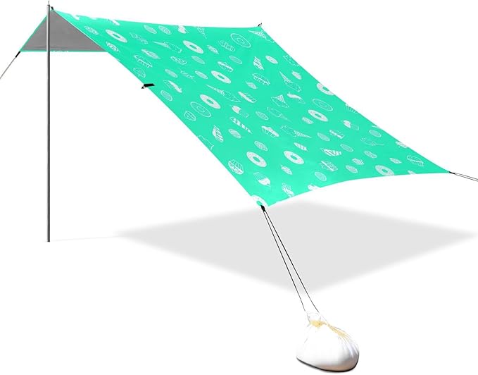 xigua Desserts Beach Tent Sun Shelter with Carrying Bag - Silver Coated Oxford Fabric Beach Canopy for Beach Camping Fishing - Includes Windproof Ropes Sandbags &amp Stakes