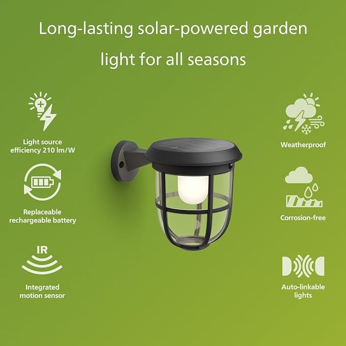 Philips Solar LED 1-Pack Ultra-Efficient Wall Lantern - Radii Dusk to Dawn Automatically Linkable Daylight and Motion Sensor 3000K Bright White Light IP44 Black