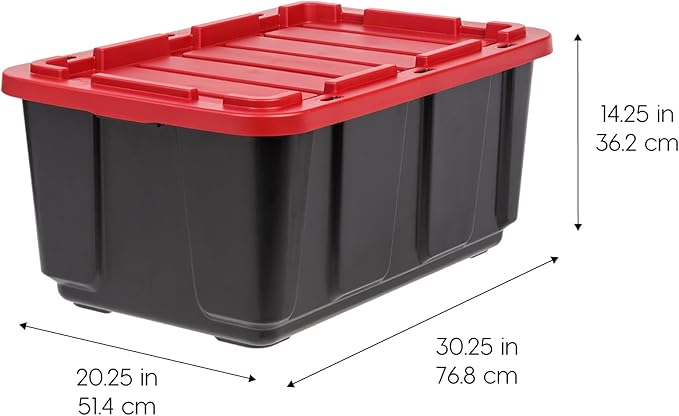 IRIS USA 4-Pack 27 Gallon Storage Bins with Lids |Made in USA| Heavy Duty Plastic Tote Containers for Truckbed Tool Box Organization Large - Red