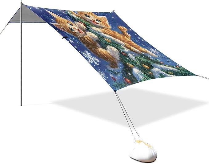 ALAZA Christmas Tree Cat Beach Tent Sun Shelter UPF50+ Protection Beach Shade Canopy w/ 4 Sandbags for Outdoor Camping Fishing Backyard Fun Picnic 10x9 ft