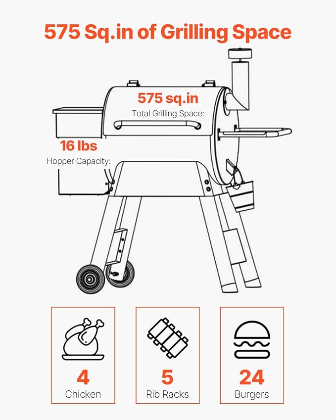 VEVOR Wood Pellet Grill Smoker 8 in 1 BBQ Grills for Outdoor Cooking 575 Square Inches Cook Area Electric Grill and Smoker with LCD Screen Controller Meat Probe 500°F Max Temperature Black