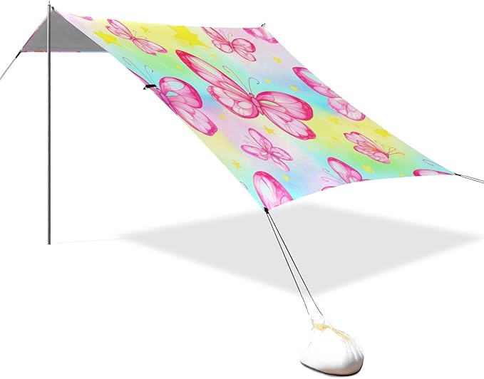xigua Butterflies Beach Tent Sun Shelter with Carrying Bag - Silver Coated Oxford Fabric Beach Canopy for Beach Camping Fishing - Includes Windproof Ropes Sandbags &amp Stakes