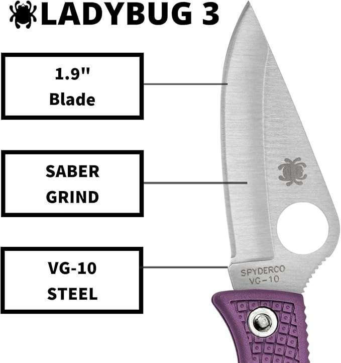 Spyderco Ladybug 3 Signature Knife with 1.93 VG-10 Steel Blade and Lightweight Purple FRN Handle - Plainedge - LPRP3