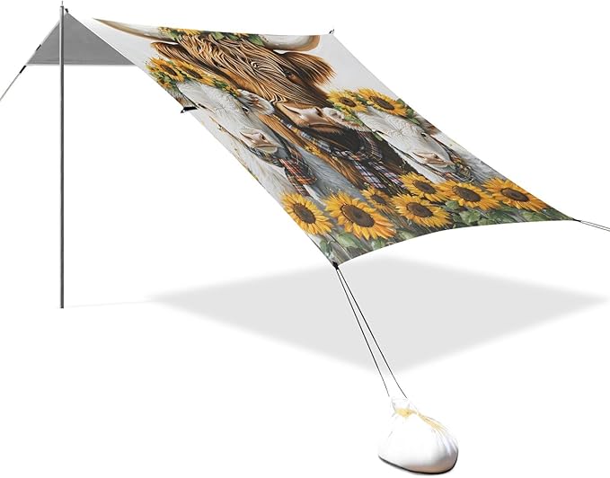 ALAZA Three Highland Cattle Sunflowers Beach Tent Sun Shelter Portable Canopy Sunshade for Outdoor Camping Picnics Backyard Fun 10x9 ft