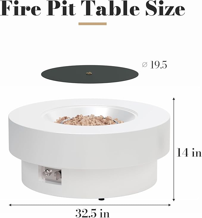 32.5 Inch Propane Fire Pit Table 50000 BTU Round Patio Fire Pit Table Outdoor CSA Certified Stainless Burner with Steel Lid Waterproof Cover &amp Lava Rocks for Backyard Garden White