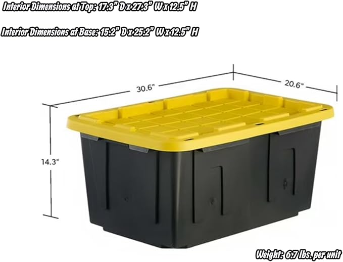 Heavy-Duty Storage Tote with Lid Black and Yellow 27 Gallon 30.6 W x 20.6 D x 14.3 H (12 PACK)