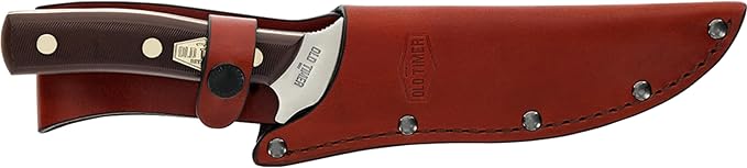 Old Timer 15OT Deerslayer 10.5in High Carbon S.S. Full Tang Fixed Blade Knife with 5.6in Clip Point Blade Black Sawcut Handle and Leather Belt Sheath for Hunting Camping Skinning EDC and Outdoor