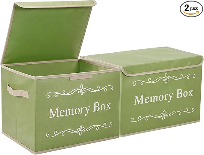 LemonRoad 2Pcs Memory Box Keepsakes for Kid Memory Decorative Storage Box Bin with Lid for Baby Wedding Travel Birthday Anniversary Precious Milestones Gift Loved Ones Treasured 16x12x12'' (Green)