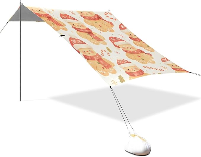 Lovely Christmas Gingerbread Man Beach Tent &amp Canopy UPF50+ Water-Resistant Large Portable Sun Shelter with Sandbags &amp Sand Shovel for Camping Picnics Backyard &amp Fishing