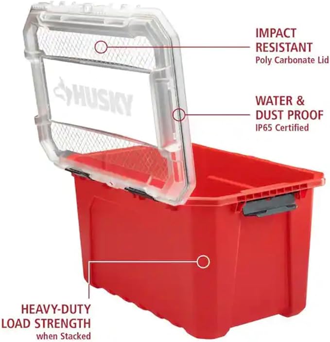 Professional Heavy Duty Waterproof Stackable Plastic Storage Container with Hinged Lid Red Rectangular (20 Gal)