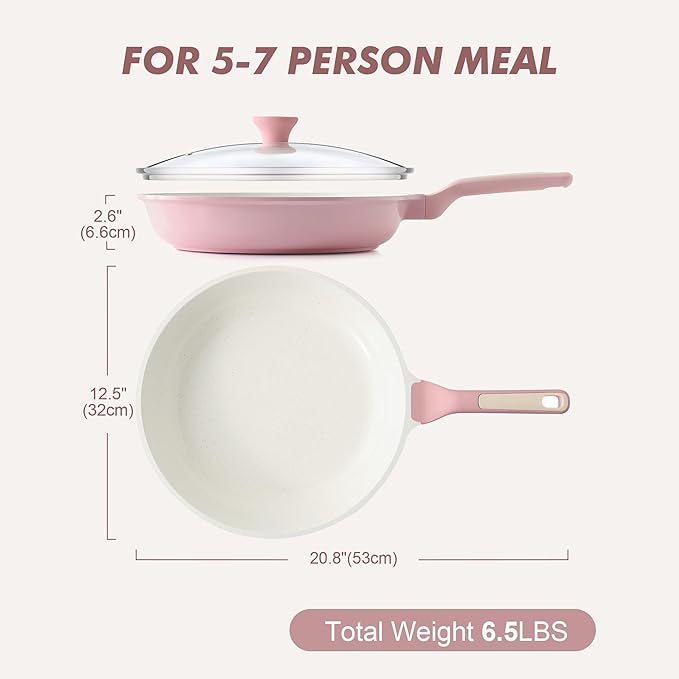 SENSARTE Nonstick Ceramic Frying Pan with Lid 12.5 Inch Cooking Pan Skillet Free of Intentionally Added PFAS/PTFE Non-toxic Chef's Pan Induction Compatible Pan Heat Resistant Handle Sakura Pink