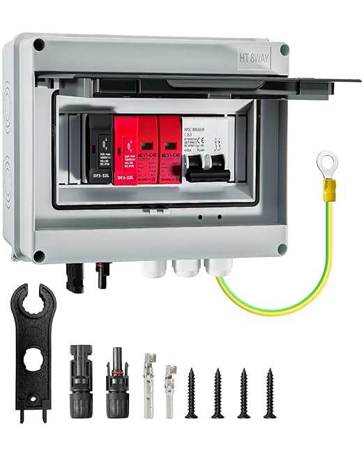 600V Solar DC PV Combiner Box 1 String IP65 Waterproof 63A Circuit Breaker Box 2Pcs 32A Fuse &amp Lightning Arrester Connector for On/Off Grid Solar Panel System 1 Input 1 Out