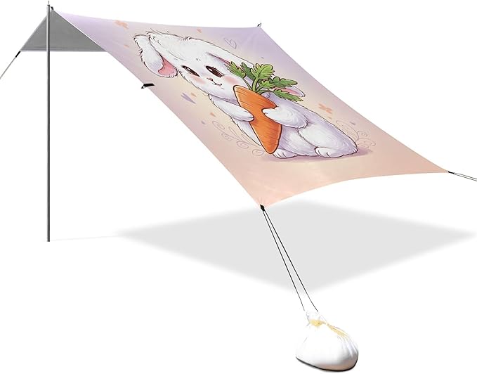 Bunny Beach Canopy Sun Shelter with Sandbags &amp Sand Shovel &amp Windproof Ropes - Portable 110x126 Beach Shade Beach Tent for Camping Picnics