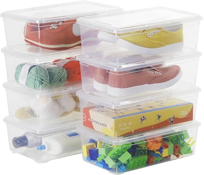 6 Quart Stackable Plastic Storage Shoebox BPA-Free Nestable Container with Latching Lid to Organize Shoes See-Through Box for Home and Office Multi-Purpose Clear Bins (Transparent 8 Pack)