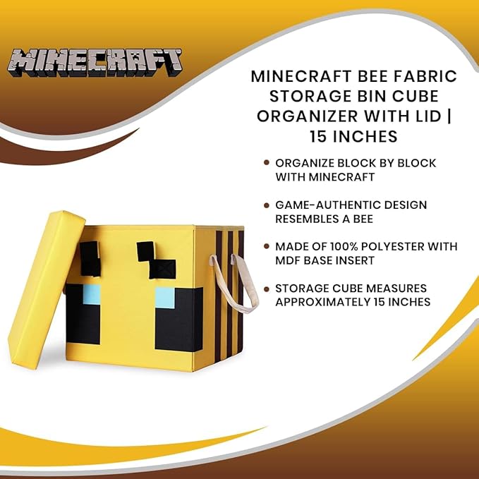 Minecraft Bee 15-Inch Storage Bin Chest with Lid | Foldable Fabric Basket Container Cube Organizer with Handles Cubby Closet Organizer | Video Game Gifts and Collectibles