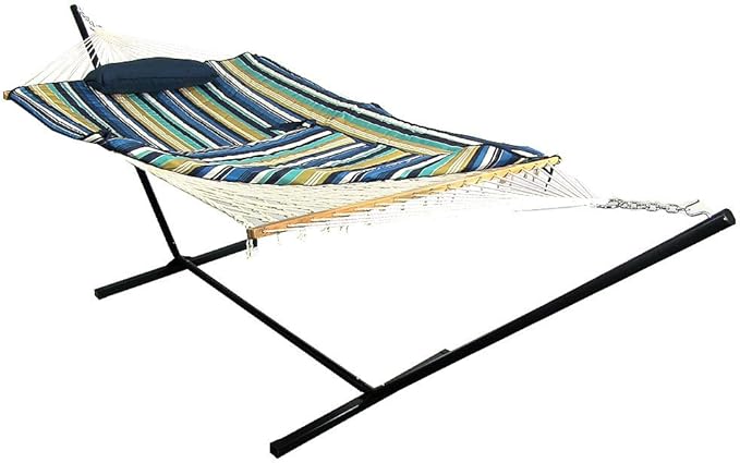 Sunnydaze Rope Hammock with Stand for Outside- 275-Pound Capacity - Includes 12-Foot Hammock Stand Spreader Bar Pad and Pillow - Lakeview