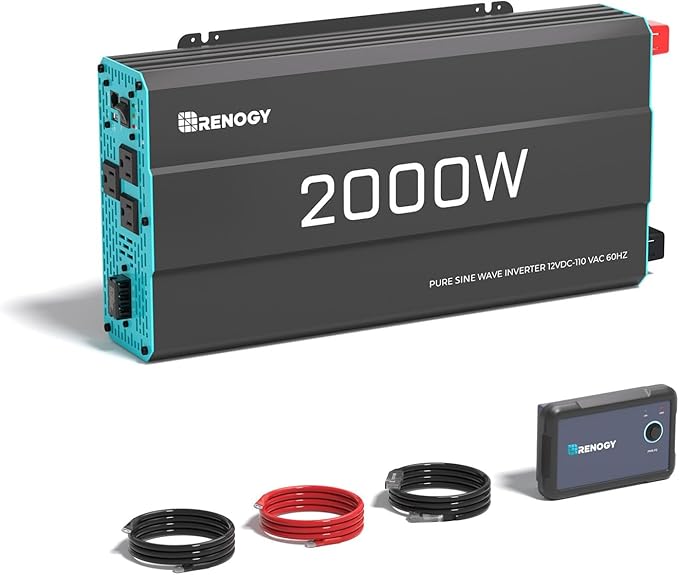 Renogy Inverter P2 2000 watt Pure Sine Wave Inverter Solar Car Power Inverter 12V to 120V AC Converter for RV Truck Camping Home Backup Outdoor Emergency Off-Grid Living 16.4FT Remote Control