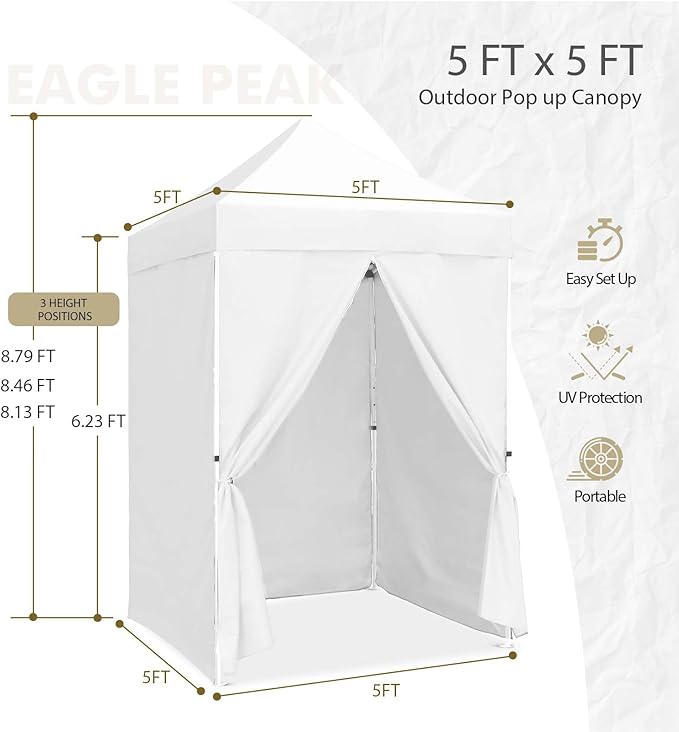 EAGLE PEAK 5x5 Instant Canopy with 4-Side Wall Panels Small Pop up Portable Canopy Tent with Carry Bag Light Weight Sun Shelter for Sports Camping and Beach White