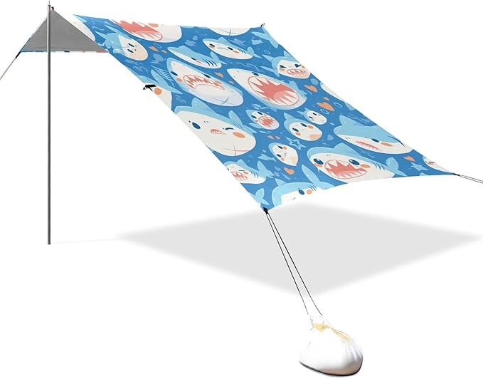 Shark Water Blue Pattern Beach Tent &amp Canopy UPF50+ Waterproof Large Sun Shelter with Sand Shovel Sandbags for Camping Picnics Backyard &amp Fishing