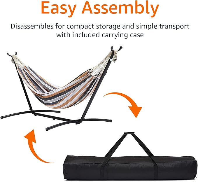 Amazon Basics Double Portable Hammock with Space Saving Steel Stand and Carrying Case 2 Person 470lb Capacity Multi Color 118 x 46 x 39