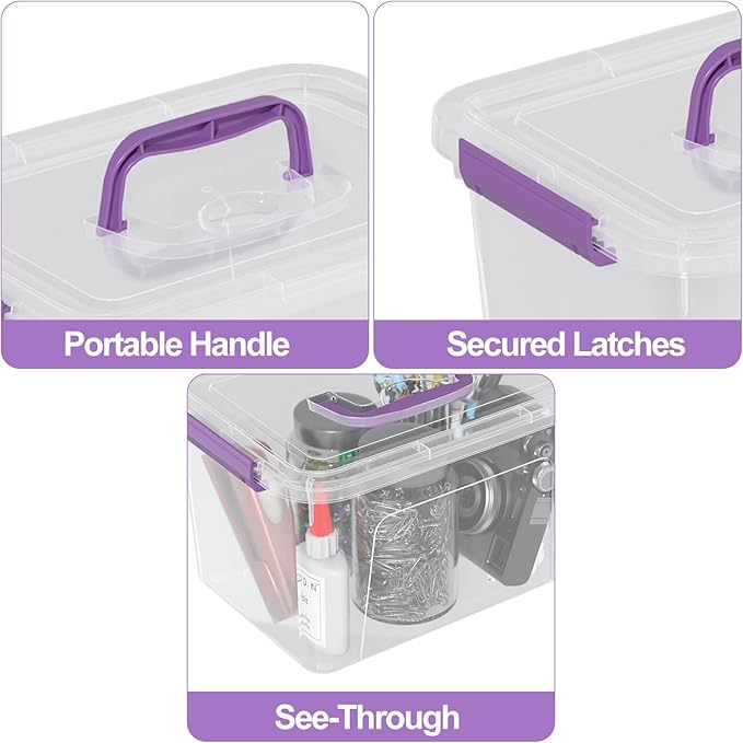 Sandmovie 6 Quart Clear Latching Box with Lid and Handles Clear Plastic Storage Tote 6 Packs