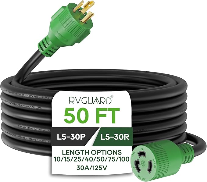 RVGUARD 3 Prong 30 Amp 50 Foot Generator Extension Cord NEMA L5-30P/L5-30R 125V 10 Gauge SJTW Generator Power Cord with Cord Organizer ETL Listed
