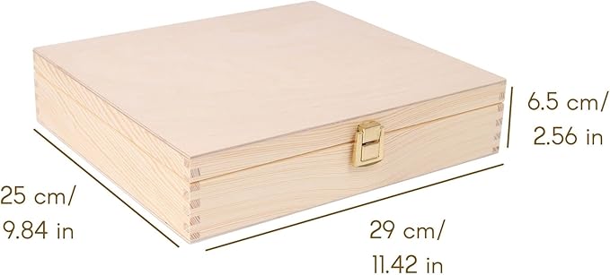 Creative Deco Wooden Storage Box Unpainted Plain | 11.41 x 9.84 x 2.55 in | Golden Latch &amp Lid | Perfect for Storing Valuables &amp Small Items in the Office or Bedroom | Keepsake Memory Trinket