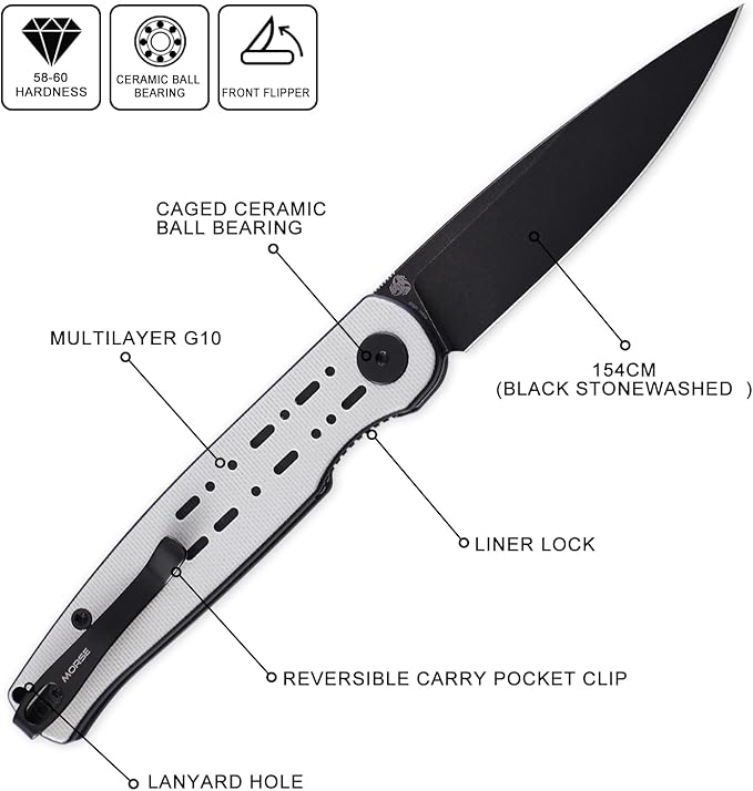 Petrified fish PFE07 Morse Pocket Knife3.31 154CM Black Stonewashed Blade 3oz G10 Handle Front Flipper Liner lock Folding knife (White Black Stonewashed)