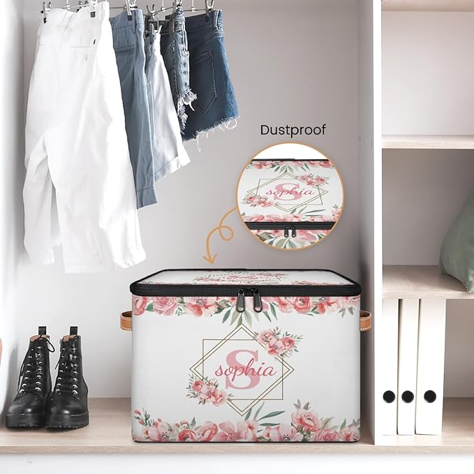 Custom Initials Storage Bins with Lid Foldable Personalized Storage Basket Boxes with Handle Pink Flower Shelf Basket Closet Organizer Cube