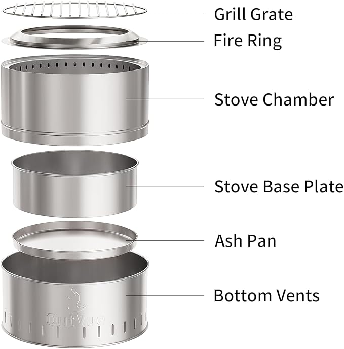 OutVue 15.5 inch Stainless Steel Smokeless Fire Pit with Grill Outdoor Smokeless Firepit Wood Burning Fire Pits for Camping Bonfire Low Smoke Firepit for Outside (Vertical Hole)