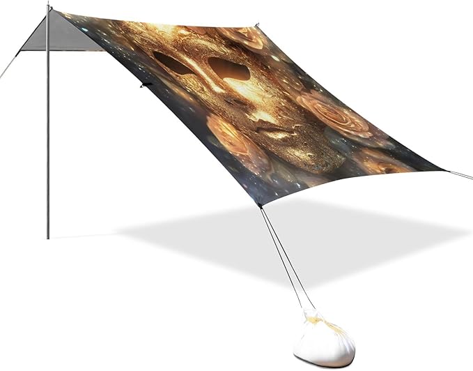 Carnival Golden Mask Pattern Beach Tent Sun Shelter Set UPF50+ UV Protection 10.5 x 9.19 FT Camping Shade Canopy with Sandbags Sand Anchors Carrying Bag and Others
